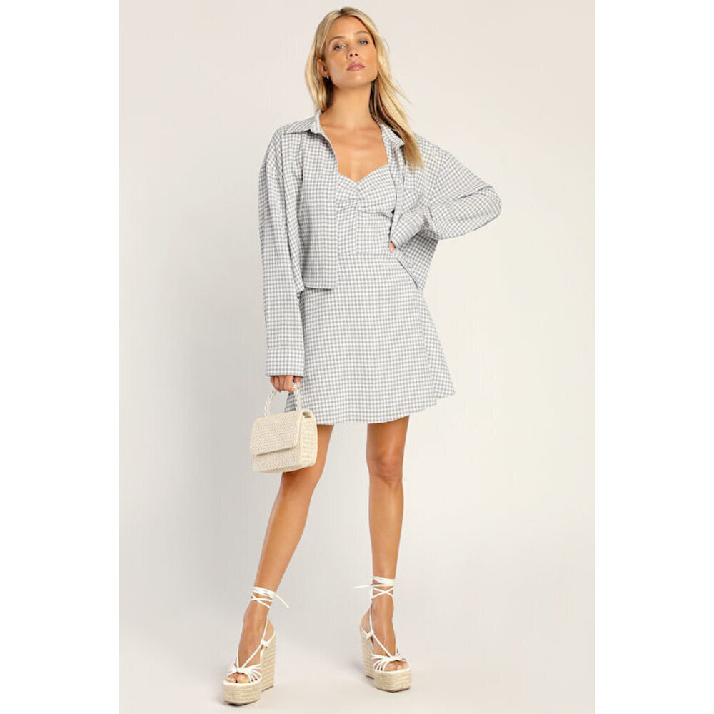 Lulus Perfectly Paired Grey Gingham Two-piece Shirt Dress Set - Size XL